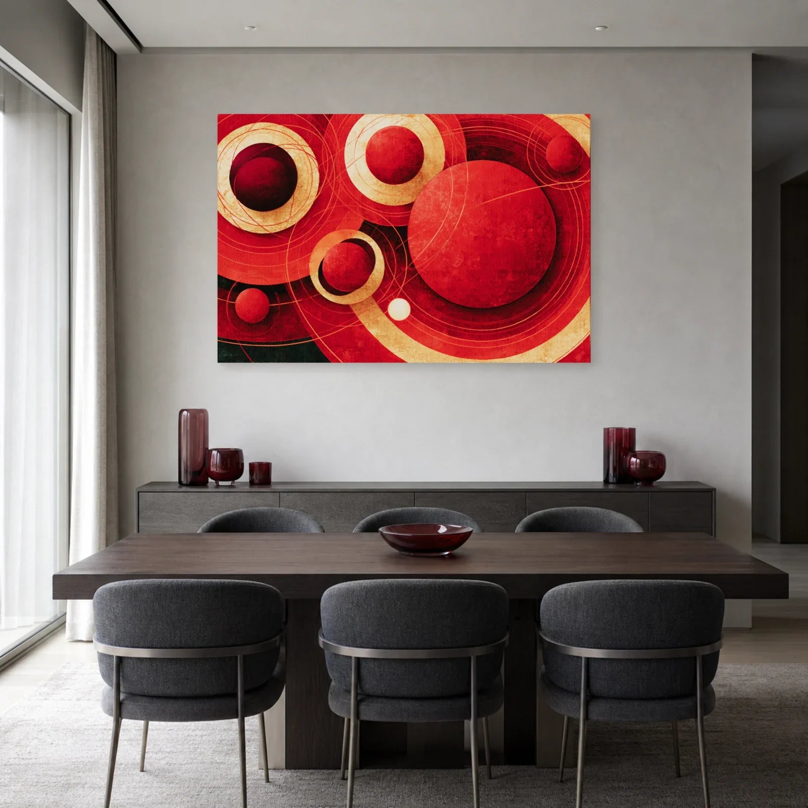 Tableau aux anneaux rouges et ivoire présenté dans une salle à manger