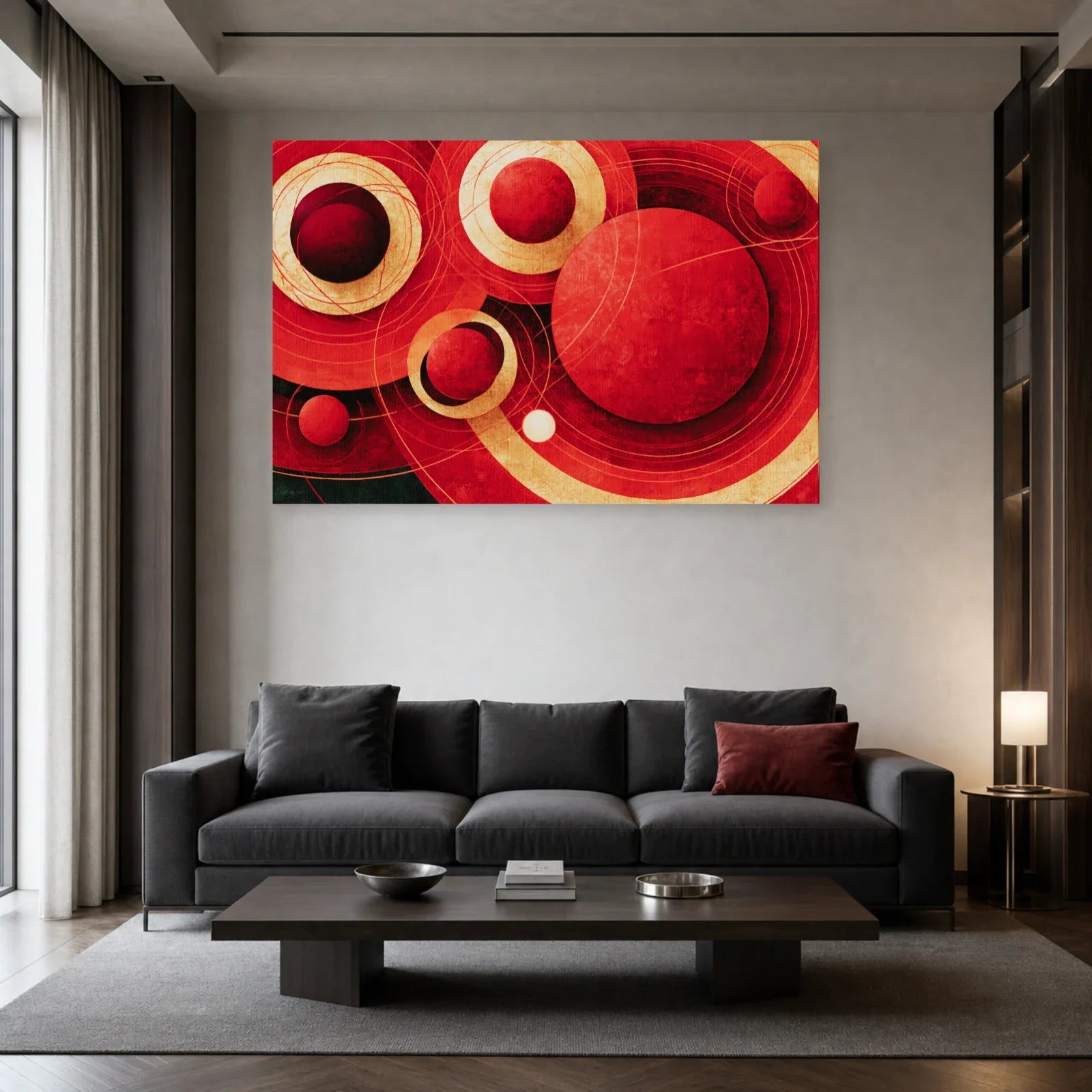 Tableau cosmique rouge et or mat présenté dans un salon