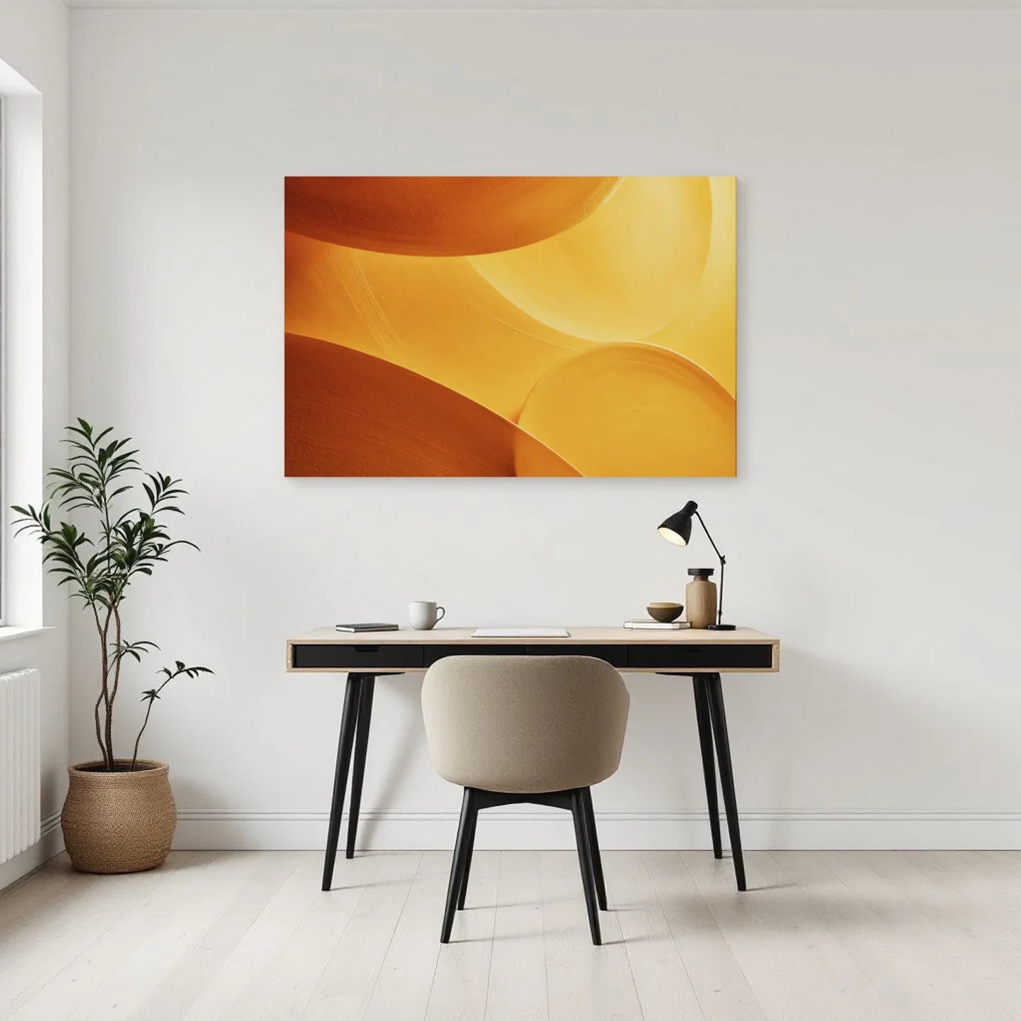 Tableau géométrique jaune à disques dans un bureau contemporain Art Virtuoso