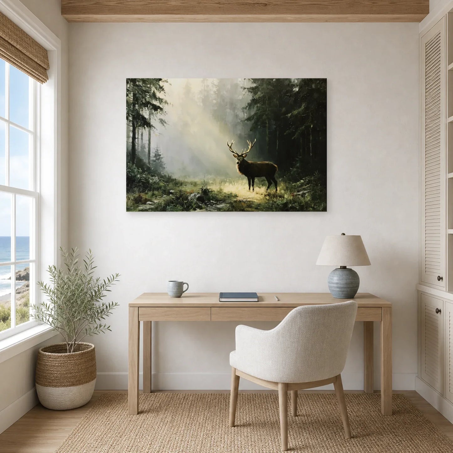 Tableau Cerf Forêt Brume - Silence des Pins dans un bureau - Art Virtuoso