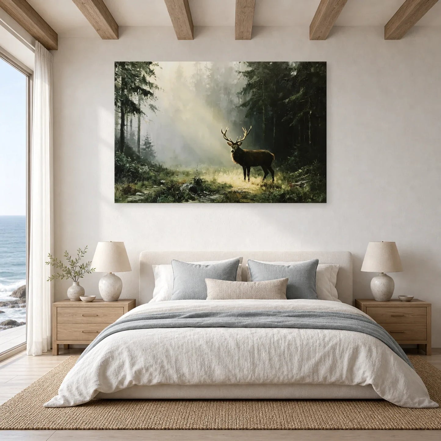 Tableau Cerf Forêt Brume - Silence des Pins dans une chambre - Art Virtuoso