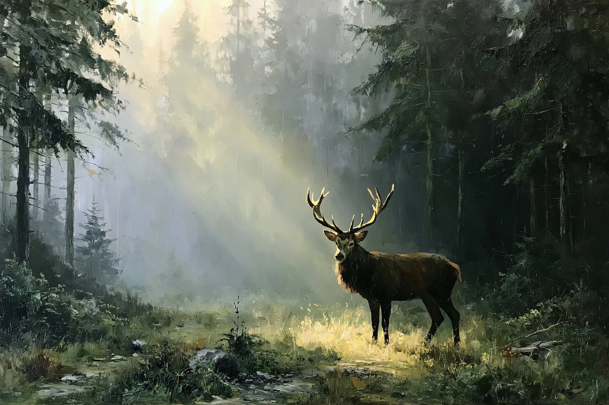 Tableau cerf dans une forêt brumeuse avec rayons de lumière - format S