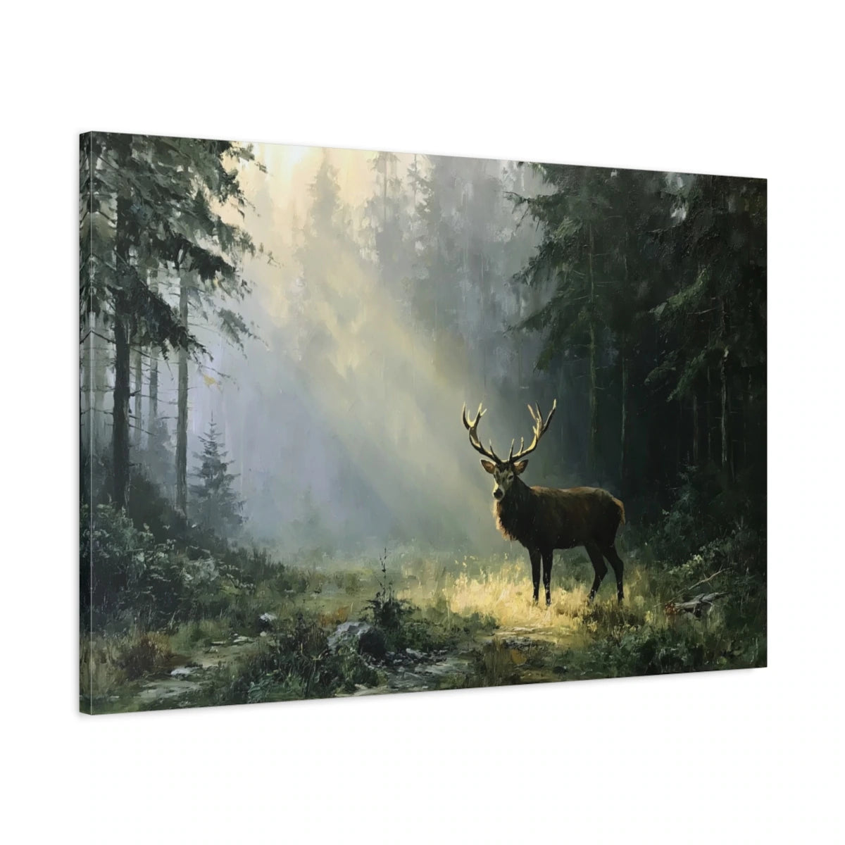 Tableau cerf dans une forêt brumeuse avec rayons de lumière - toile 3D avec bords imprimés visibles