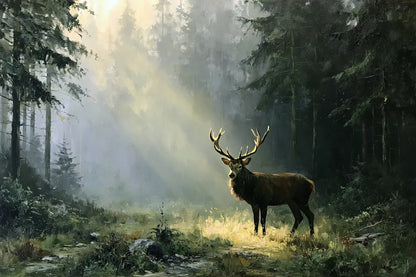 Tableau cerf dans une forêt brumeuse avec rayons de lumière - grand format XXL