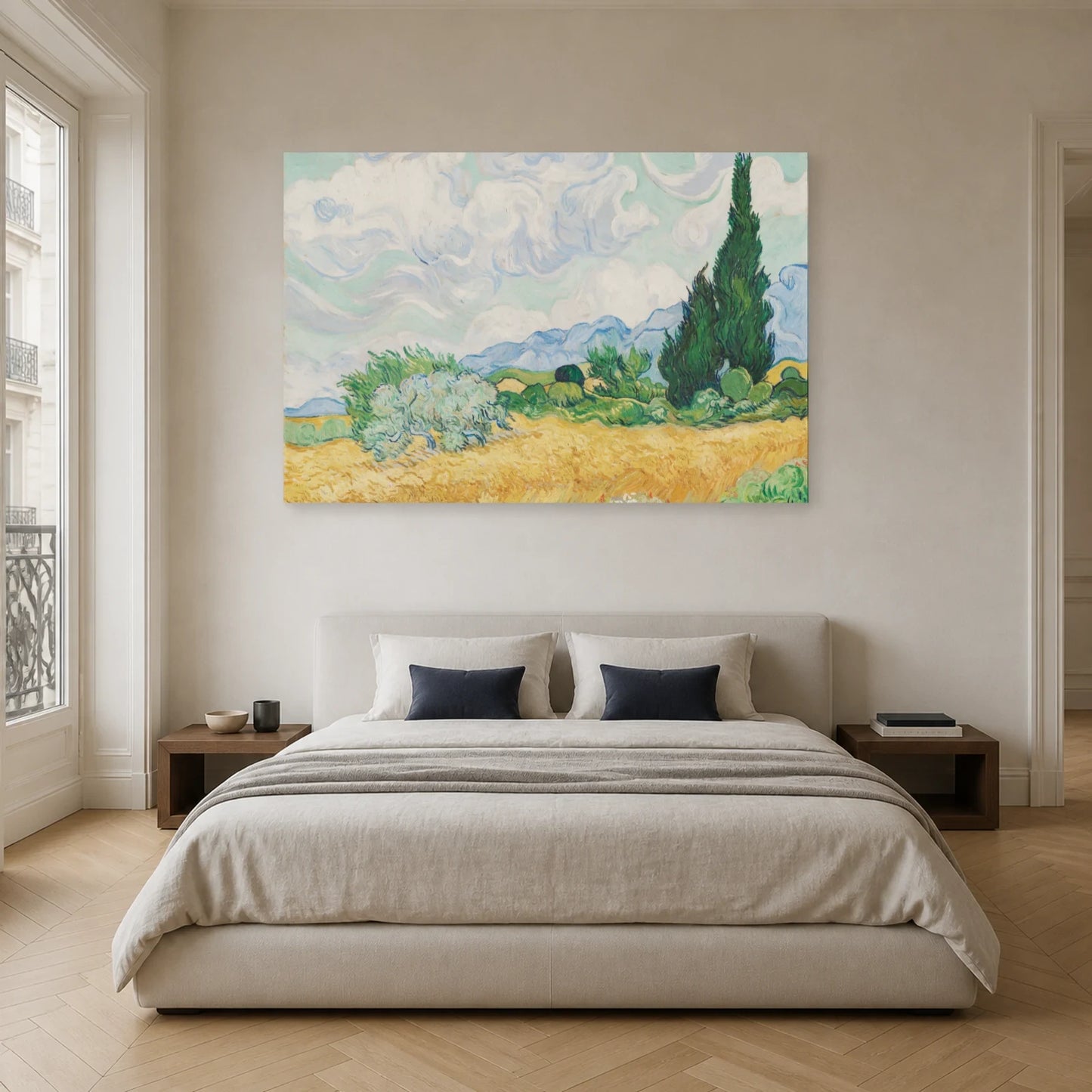 Tableau Champ de blé aux cyprès – Vincent van Gogh dans une chambre - Art Virtuoso