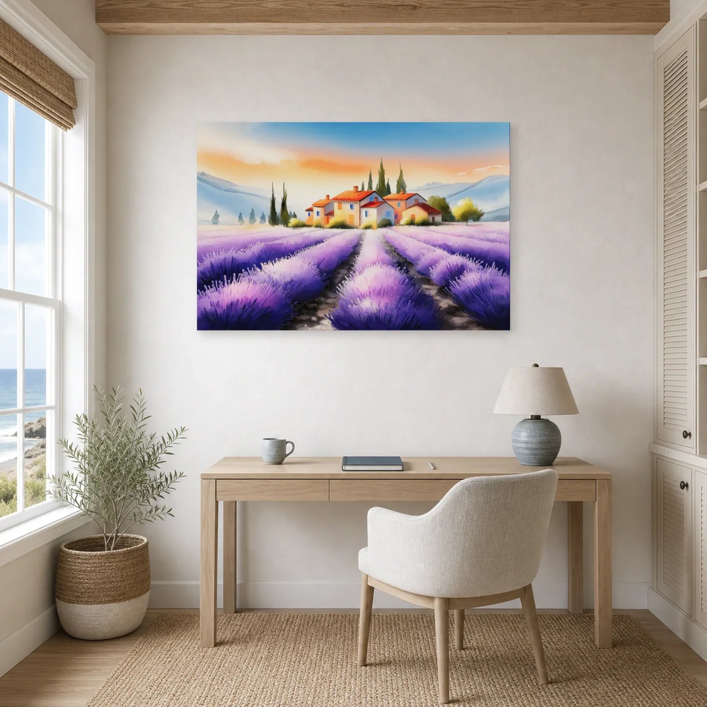 Tableau Champ Lavande Provence - Sillons Violets dans un bureau - Art Virtuoso
