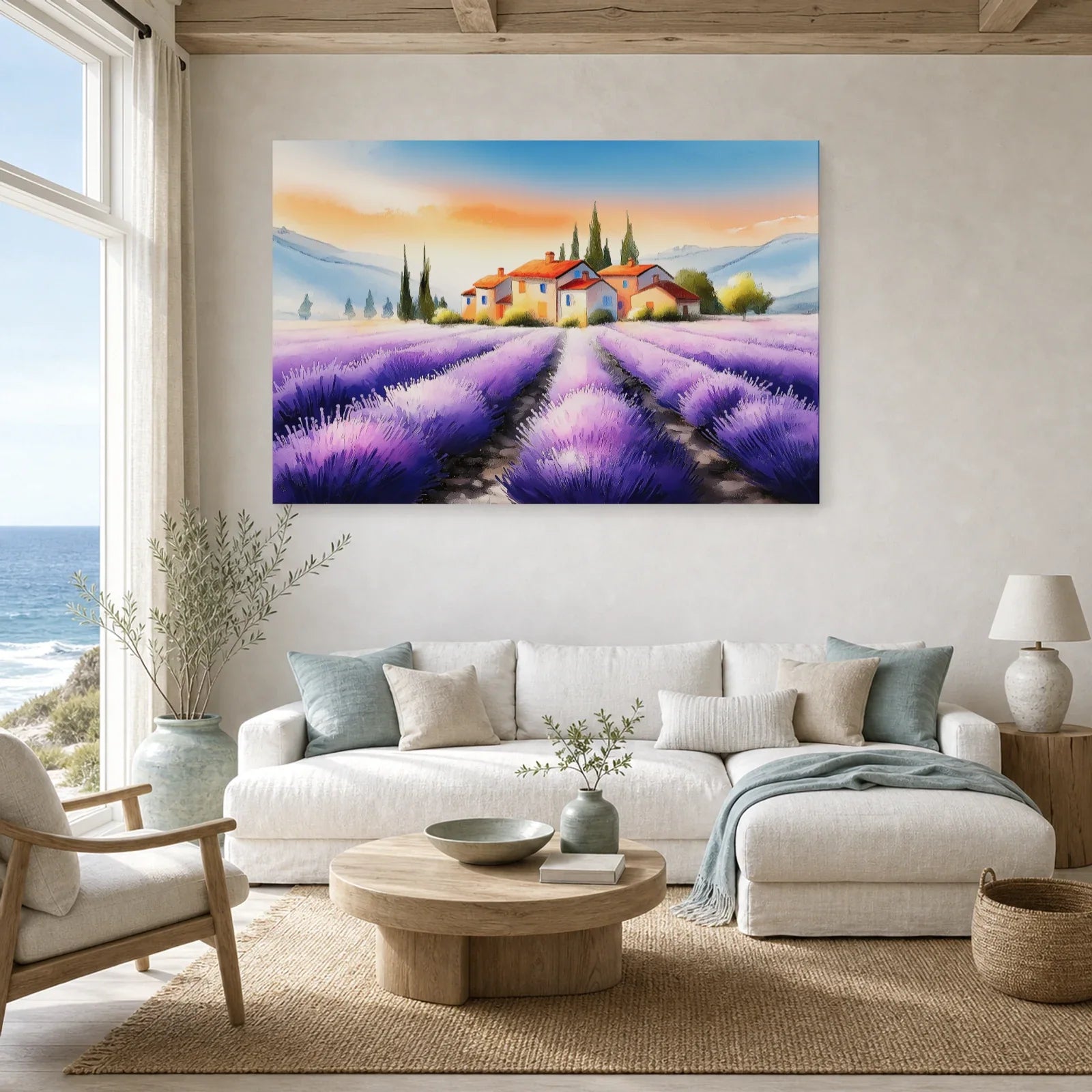 Tableau Champ Lavande Provence - Sillons Violets dans un salon - Art Virtuoso