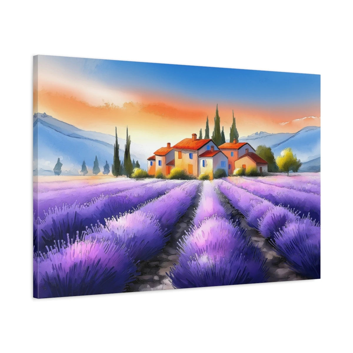 Tableau champ de lavande en Provence avec maison et cyprès - toile 3D avec bords imprimés visibles