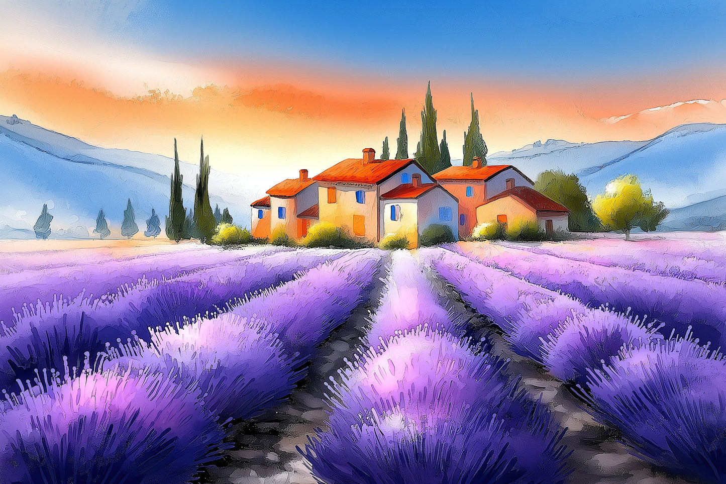 Tableau champ de lavande en Provence avec maison et cyprès - grand format XXL