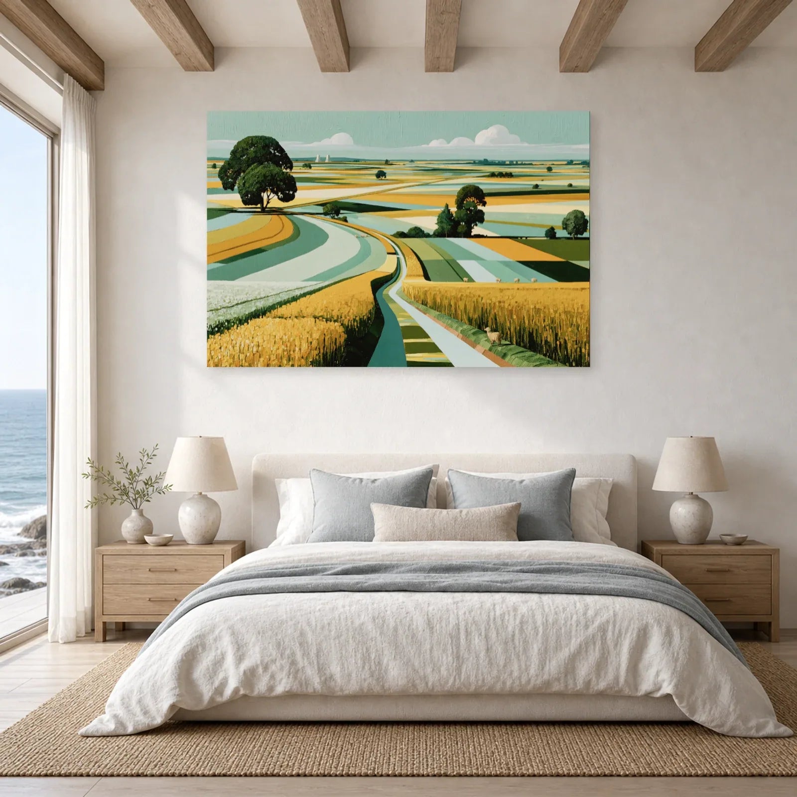 Tableau Champêtre Toile Moderne - Patchwork de Campagne dans une chambre - Art Virtuoso