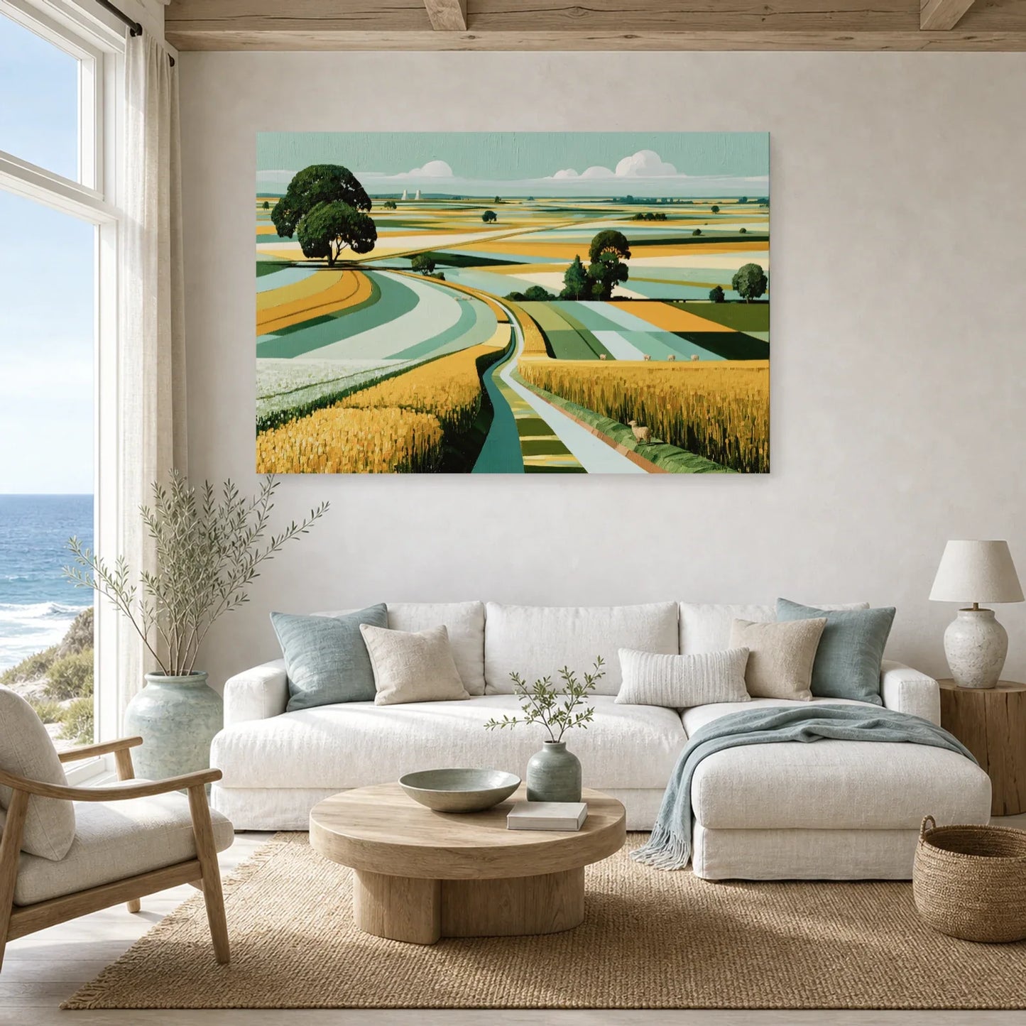 Tableau Champêtre Toile Moderne - Patchwork de Campagne dans un salon - Art Virtuoso
