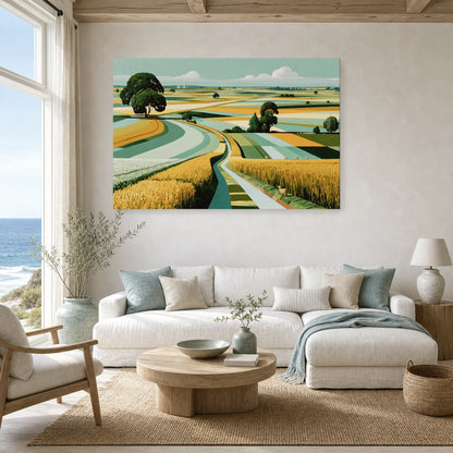 Tableau Champêtre Toile Moderne - Patchwork de Campagne dans un salon - Art Virtuoso