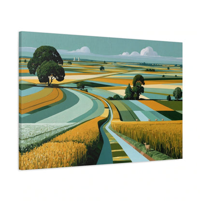 Tableau paysage champêtre moderne avec champs géométriques turquoise - toile 3D avec bords imprimés visibles