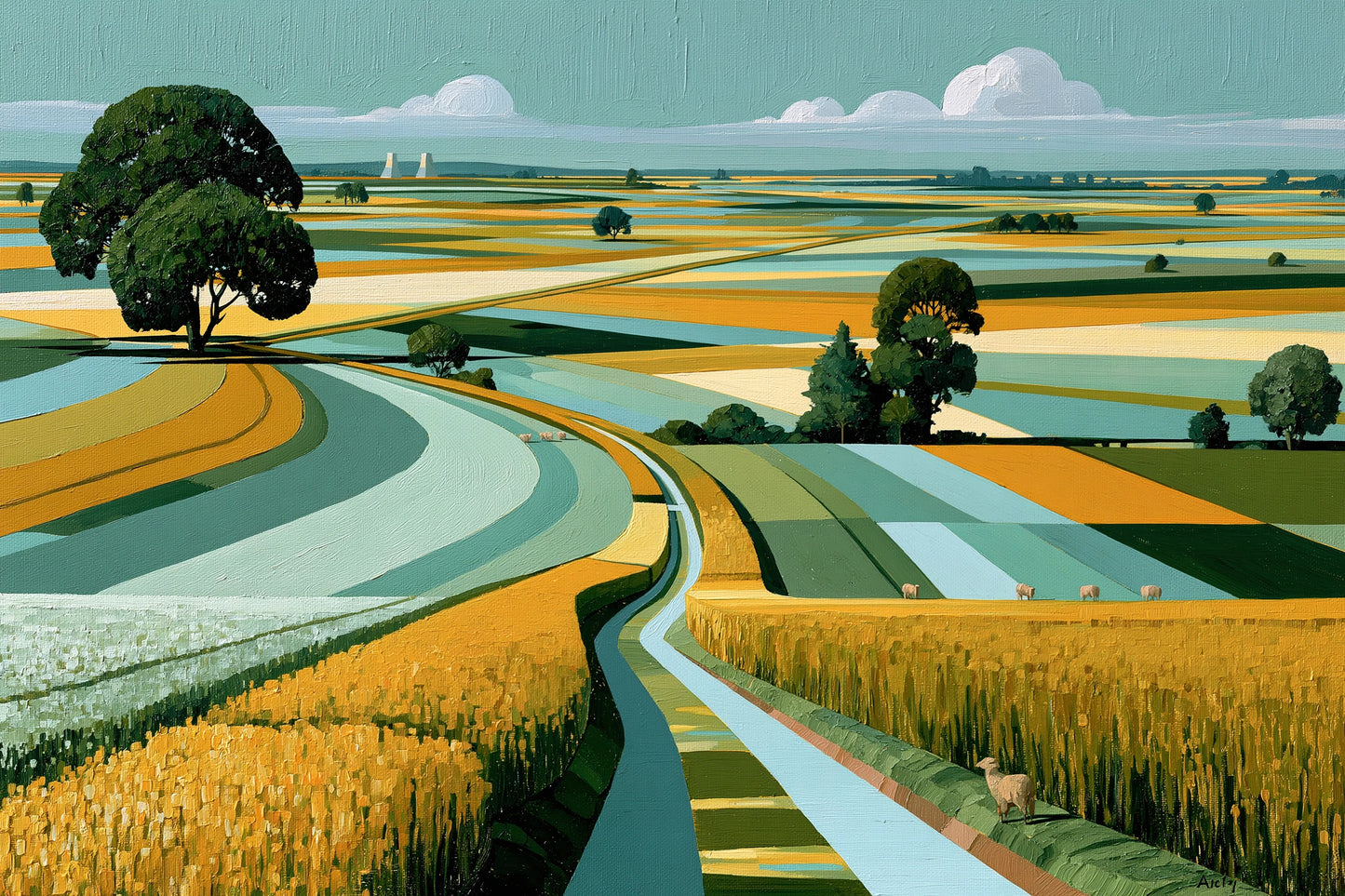Tableau paysage champêtre moderne avec champs géométriques turquoise - grand format XXL