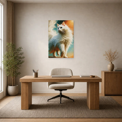 Tableau Chat Angora Turc - Lumière de Soie dans un bureau - Art Virtuoso