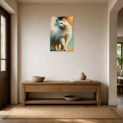 Tableau Chat Angora Turc - Lumière de Soie dans une entrée ou un couloir - Art Virtuoso