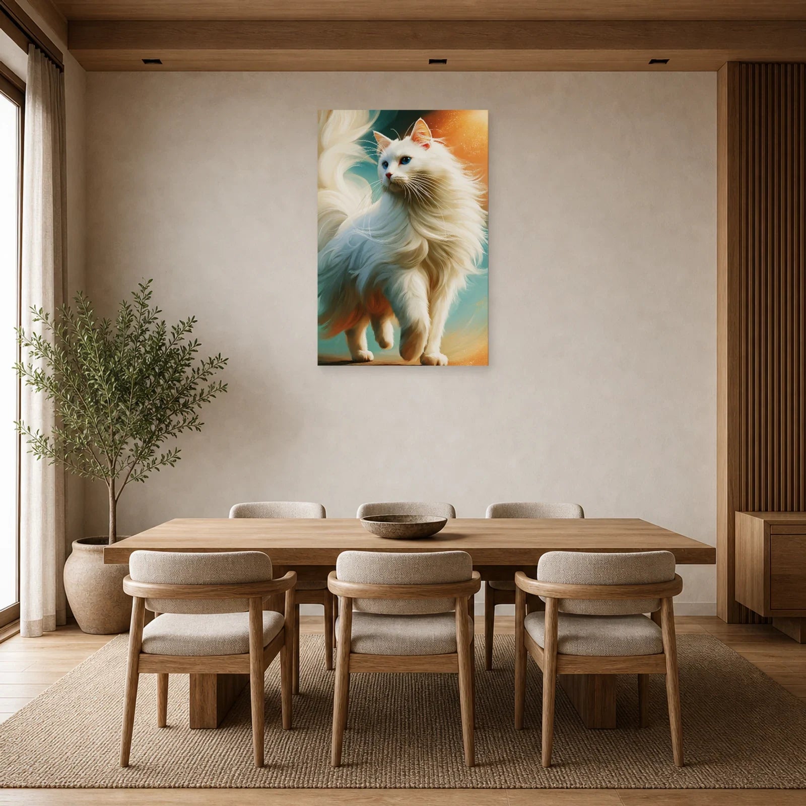 Tableau Chat Angora Turc - Lumière de Soie dans une salle à manger - Art Virtuoso
