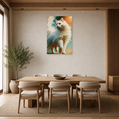Tableau Chat Angora Turc - Lumière de Soie dans une salle à manger - Art Virtuoso