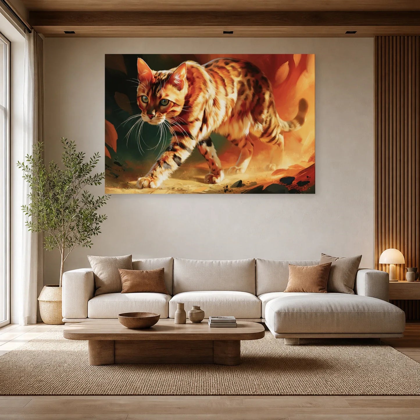 Tableau Chat Bengal - Pas de Braise dans un salon - Art Virtuoso