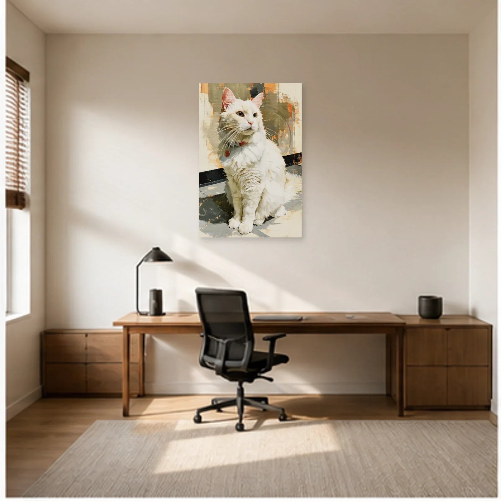 Tableau Chat Blanc Atelier Japandi dans un bureau - Art Virtuoso