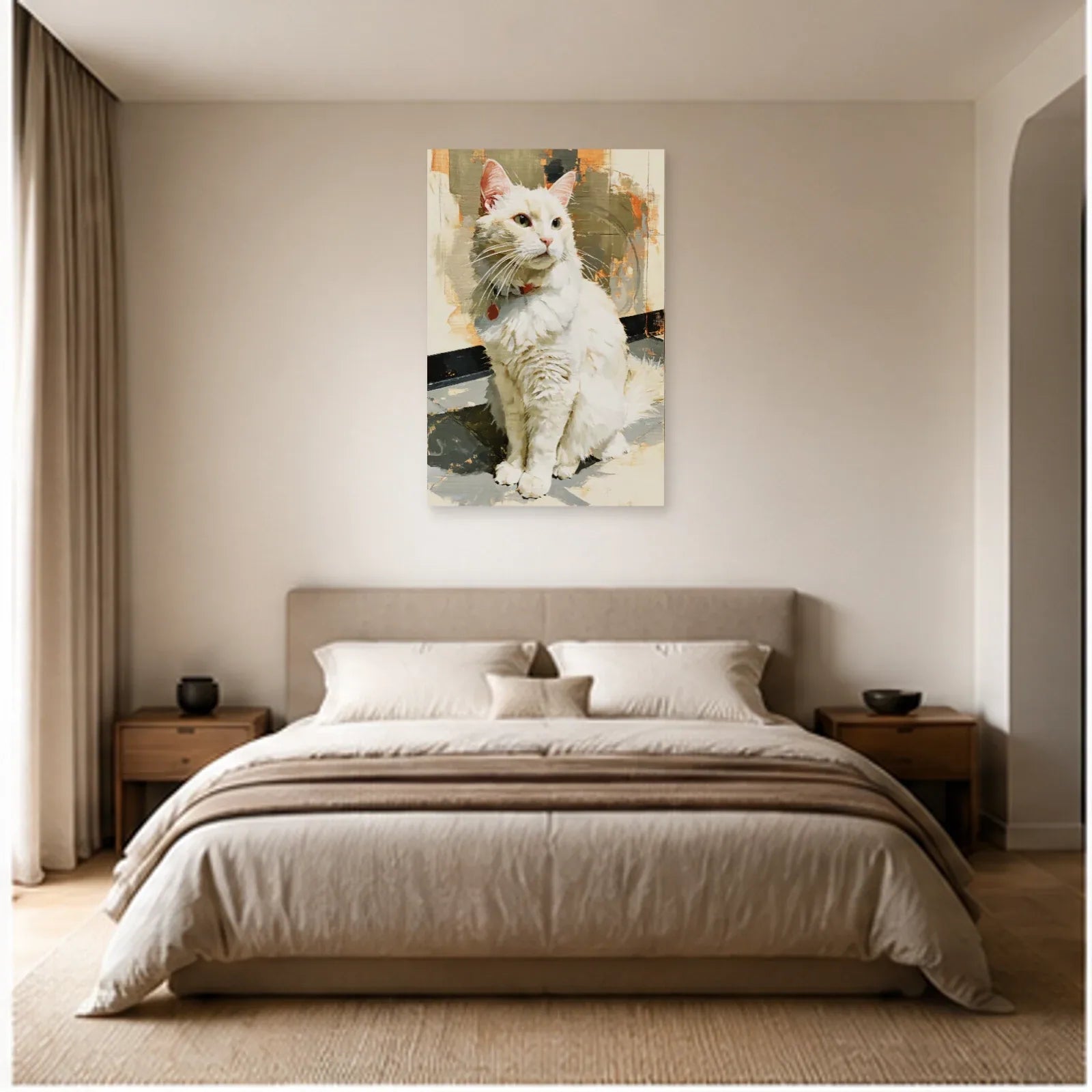 Tableau Chat Blanc Atelier Japandi dans une chambre - Art Virtuoso
