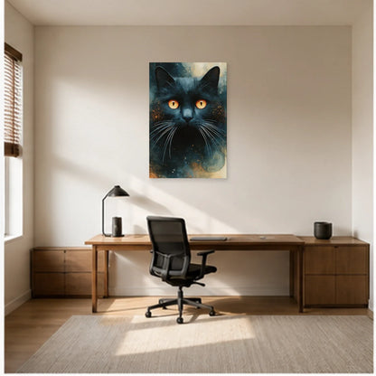 Tableau Chat Bleu Nuit Yeux Ambrés dans un bureau - Art Virtuoso