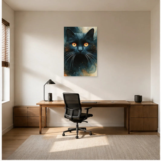 Tableau Chat Bleu Nuit Yeux Ambrés dans un bureau - Art Virtuoso