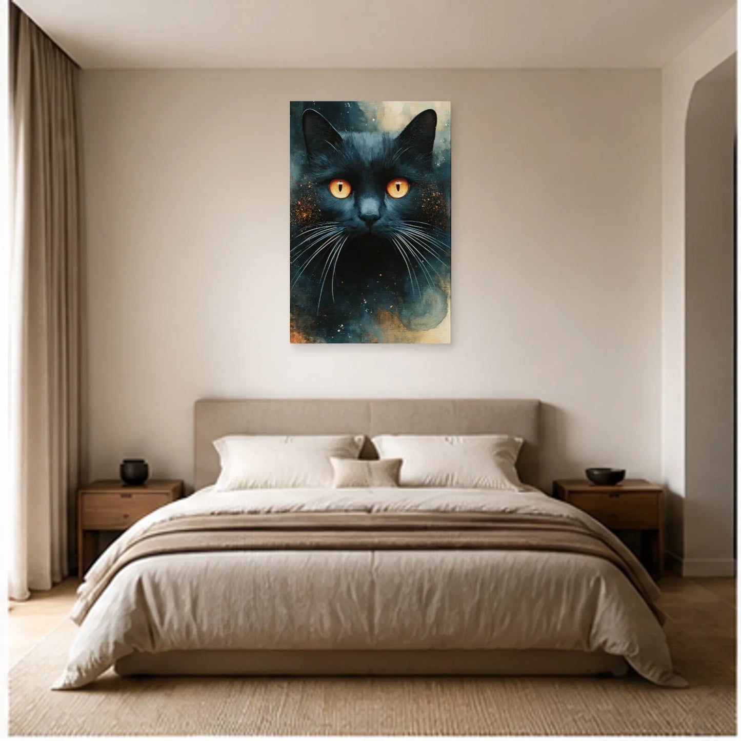 Tableau Chat Bleu Nuit Yeux Ambrés dans une chambre - Art Virtuoso