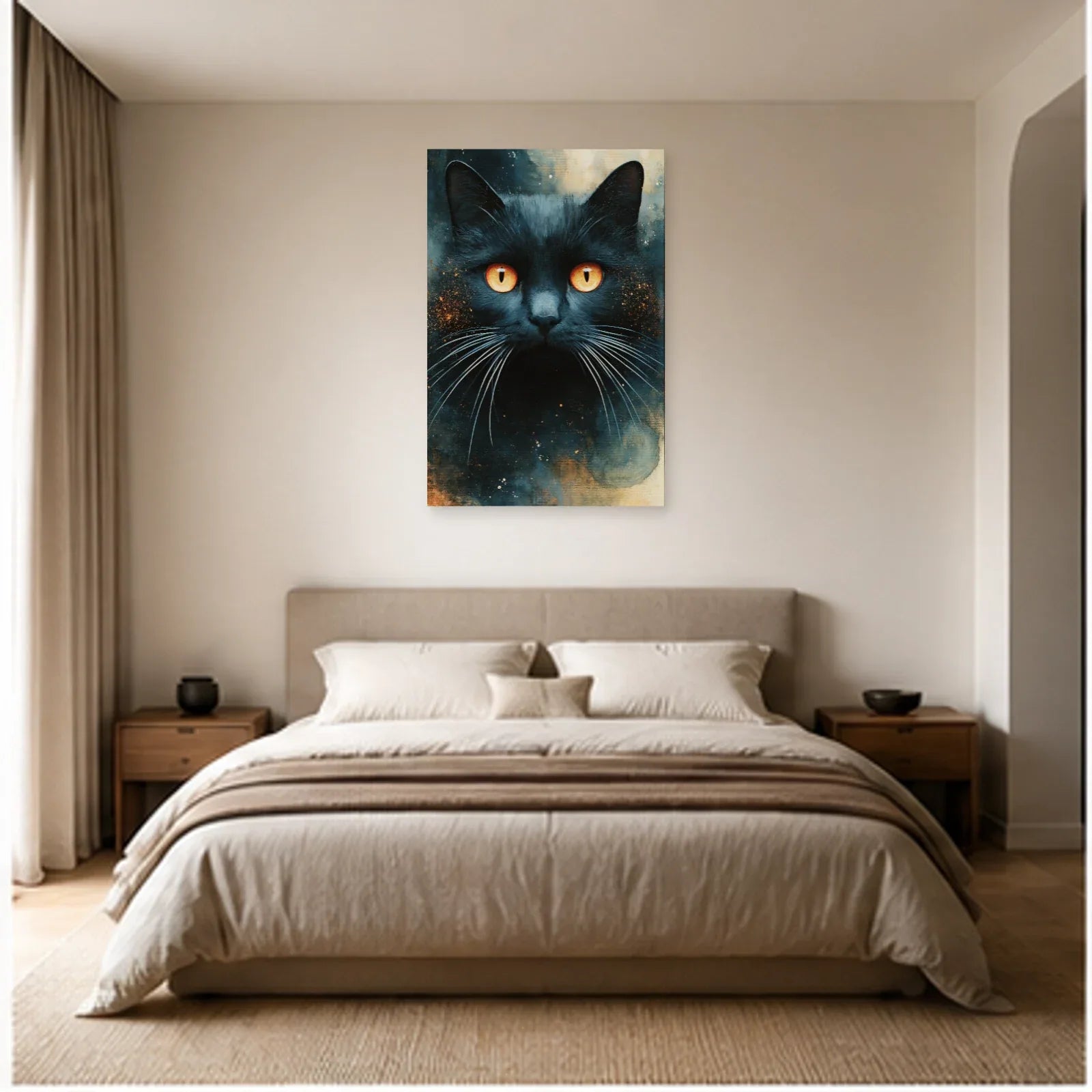 Tableau Chat Bleu Nuit Yeux Ambrés dans une chambre - Art Virtuoso
