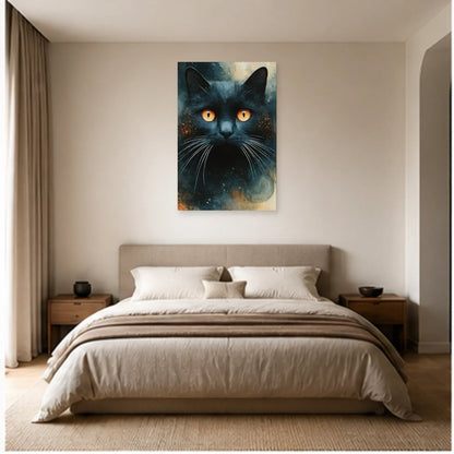 Tableau Chat Bleu Nuit Yeux Ambrés dans une chambre - Art Virtuoso
