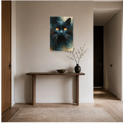 Tableau Chat Bleu Nuit Yeux Ambrés dans une entrée ou un couloir - Art Virtuoso