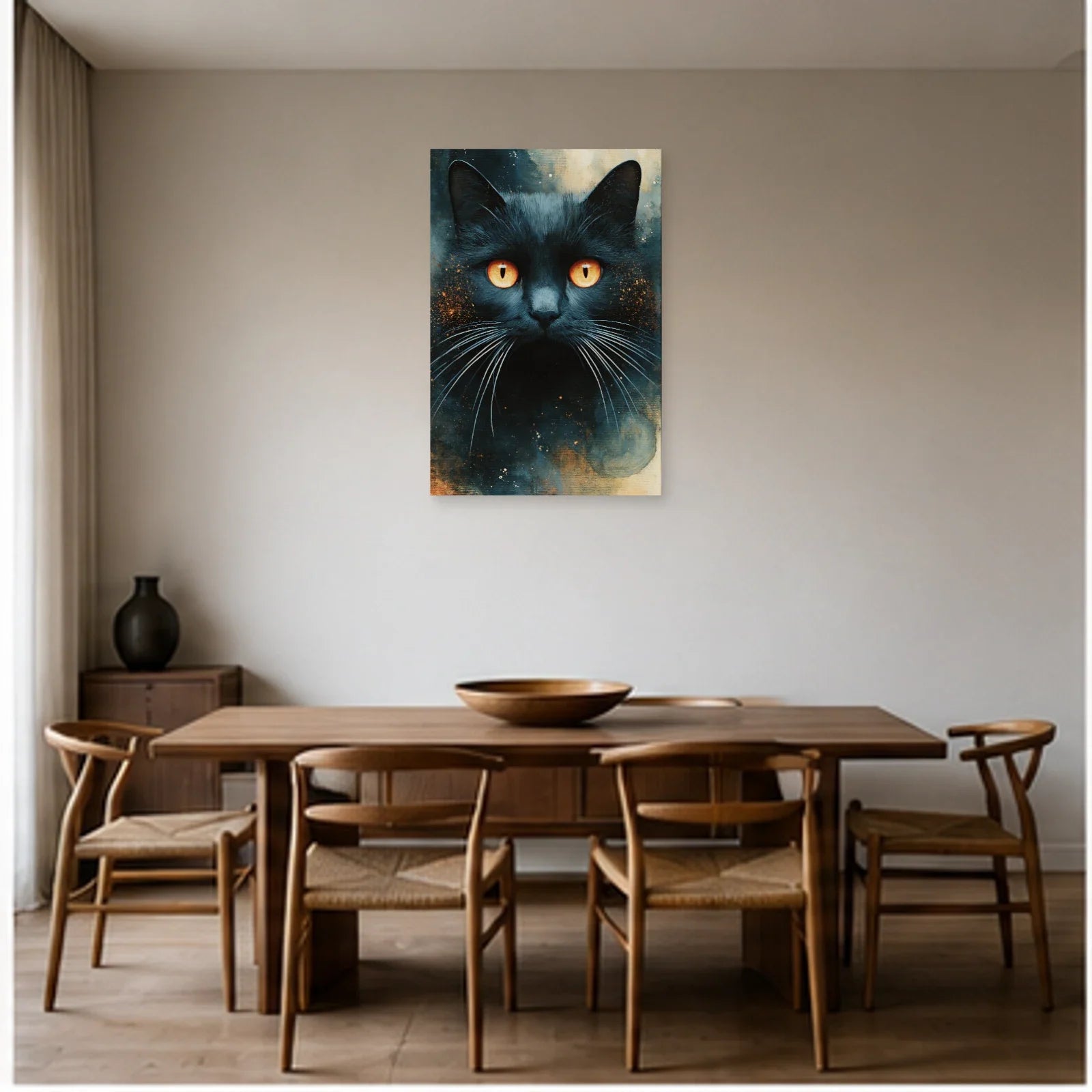 Tableau Chat Bleu Nuit Yeux Ambrés dans une salle à manger - Art Virtuoso