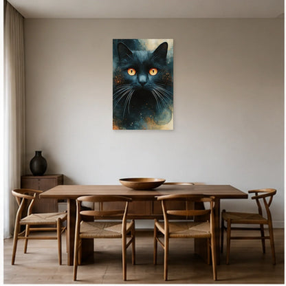 Tableau Chat Bleu Nuit Yeux Ambrés dans une salle à manger - Art Virtuoso