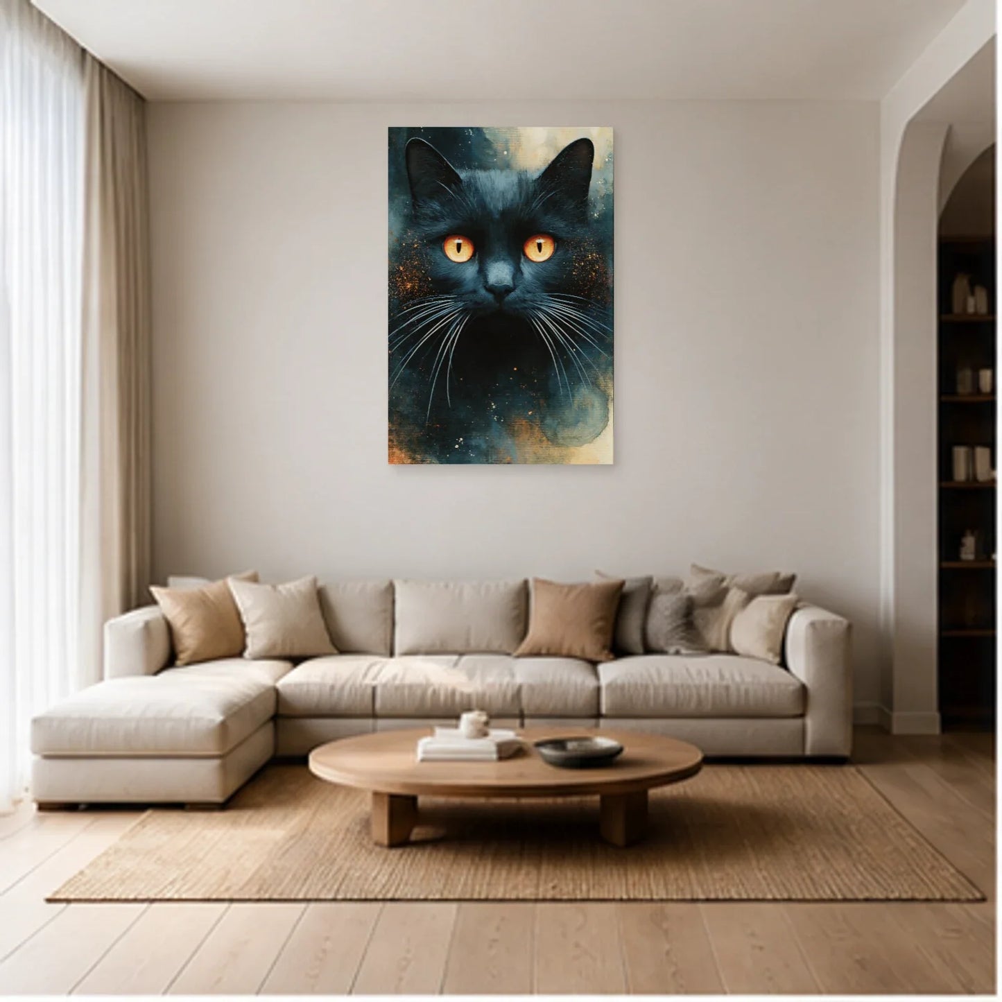 Tableau Chat Bleu Nuit Yeux Ambrés dans un salon - Art Virtuoso
