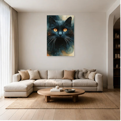 Tableau Chat Bleu Nuit Yeux Ambrés dans un salon - Art Virtuoso