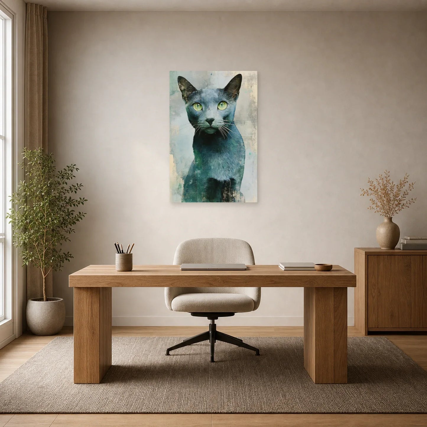 Tableau Chat Bleu Russe - Regard Émeraude dans un bureau - Art Virtuoso