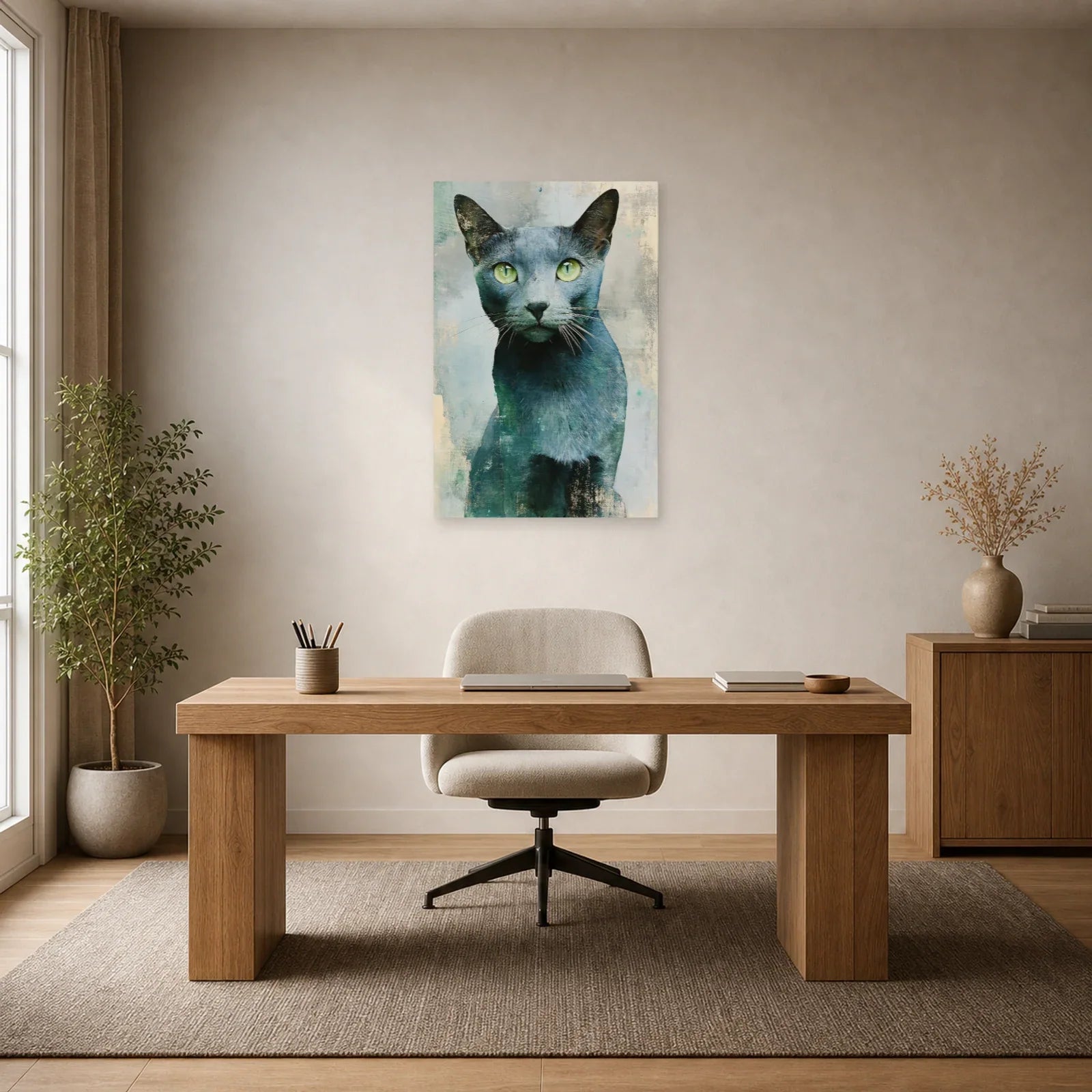 Tableau Chat Bleu Russe - Regard Émeraude dans un bureau - Art Virtuoso