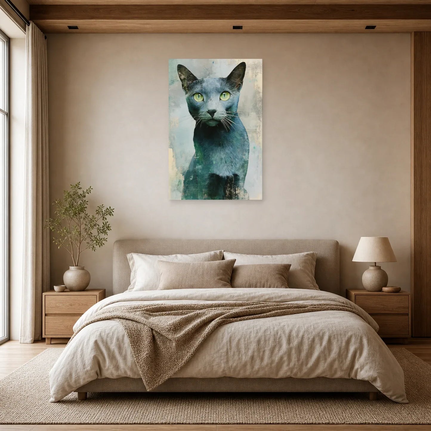 Tableau Chat Bleu Russe - Regard Émeraude dans une chambre - Art Virtuoso