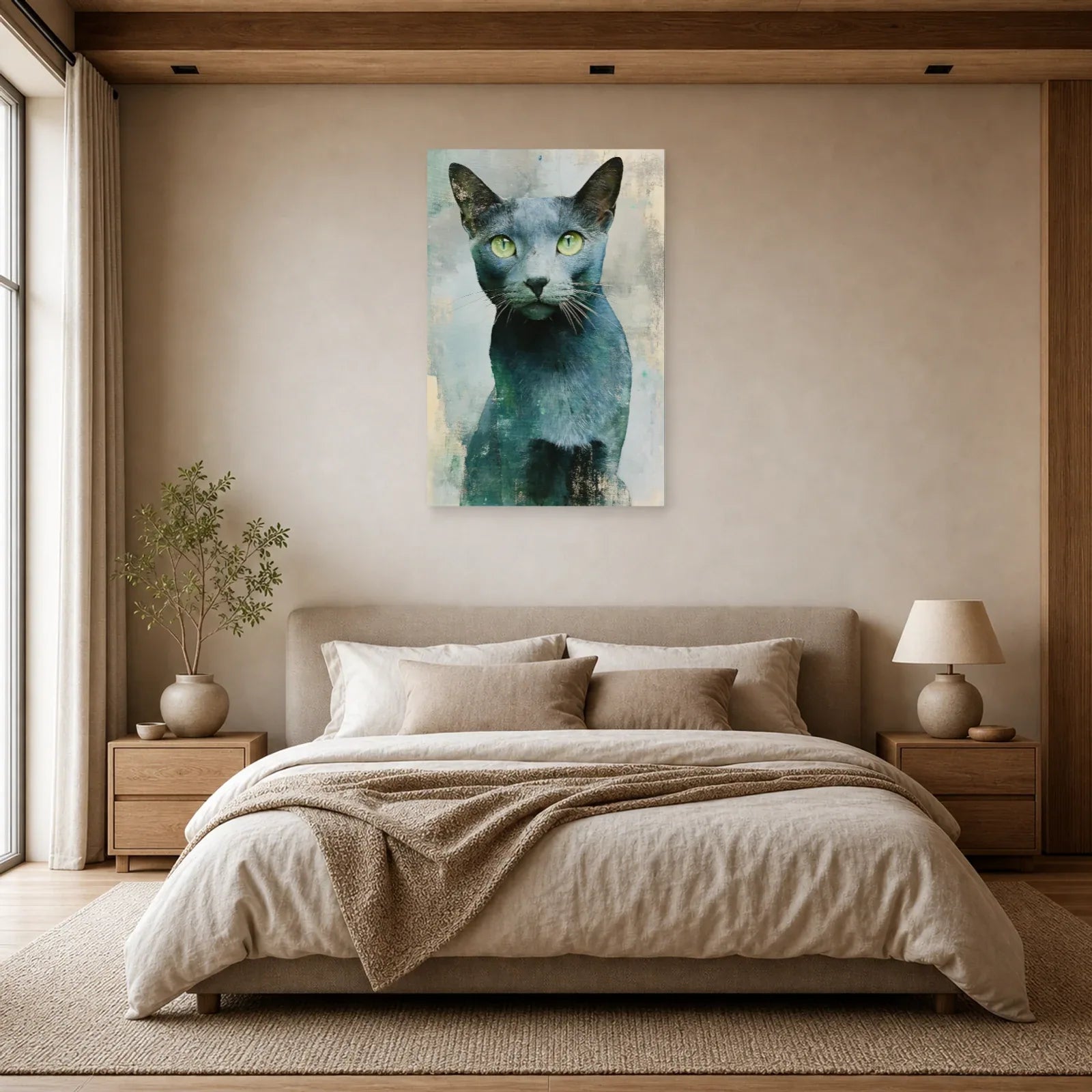 Tableau Chat Bleu Russe - Regard Émeraude dans une chambre - Art Virtuoso