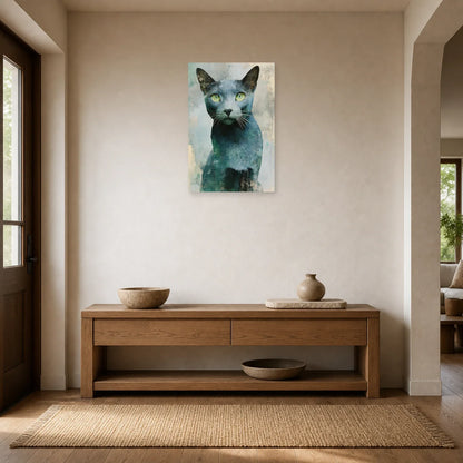 Tableau Chat Bleu Russe - Regard Émeraude dans une entrée ou un couloir - Art Virtuoso
