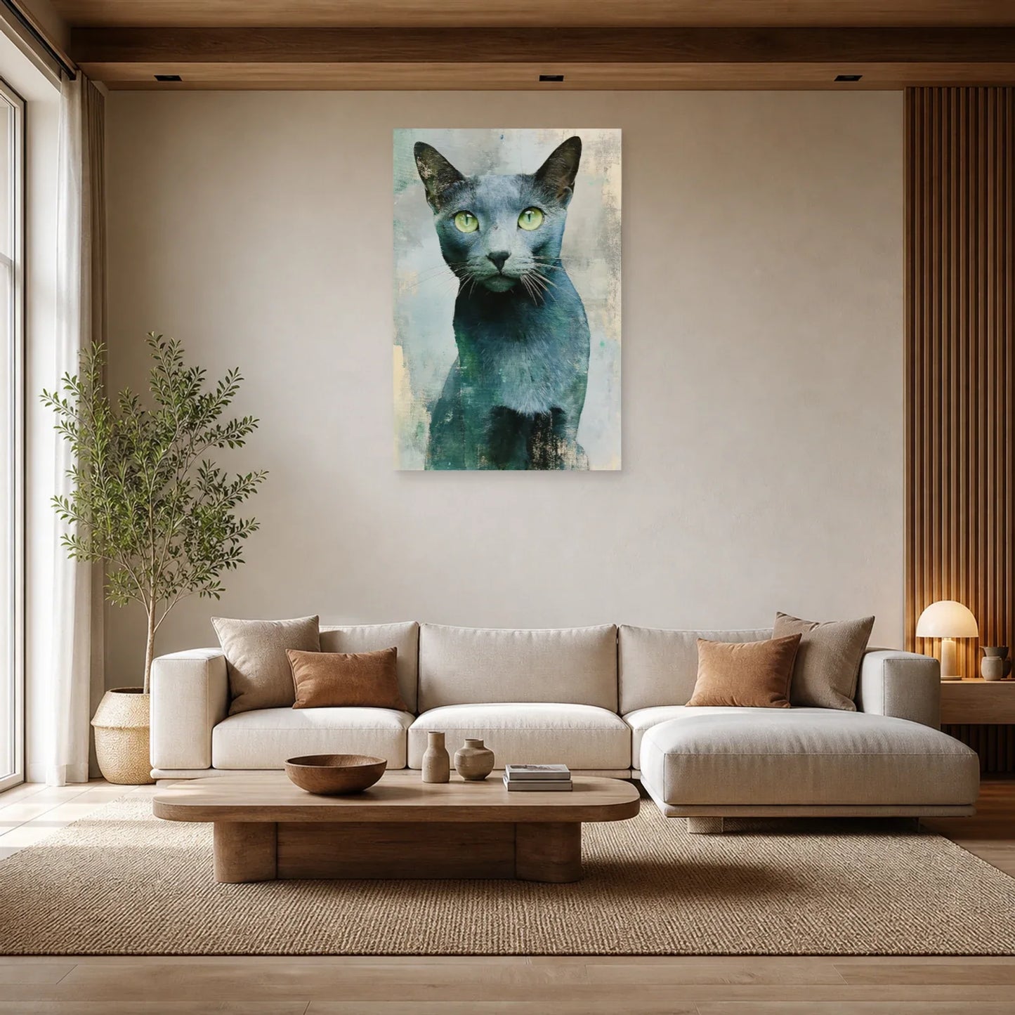 Tableau Chat Bleu Russe - Regard Émeraude dans un salon - Art Virtuoso