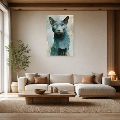 Tableau Chat Bleu Russe - Regard Émeraude dans un salon - Art Virtuoso