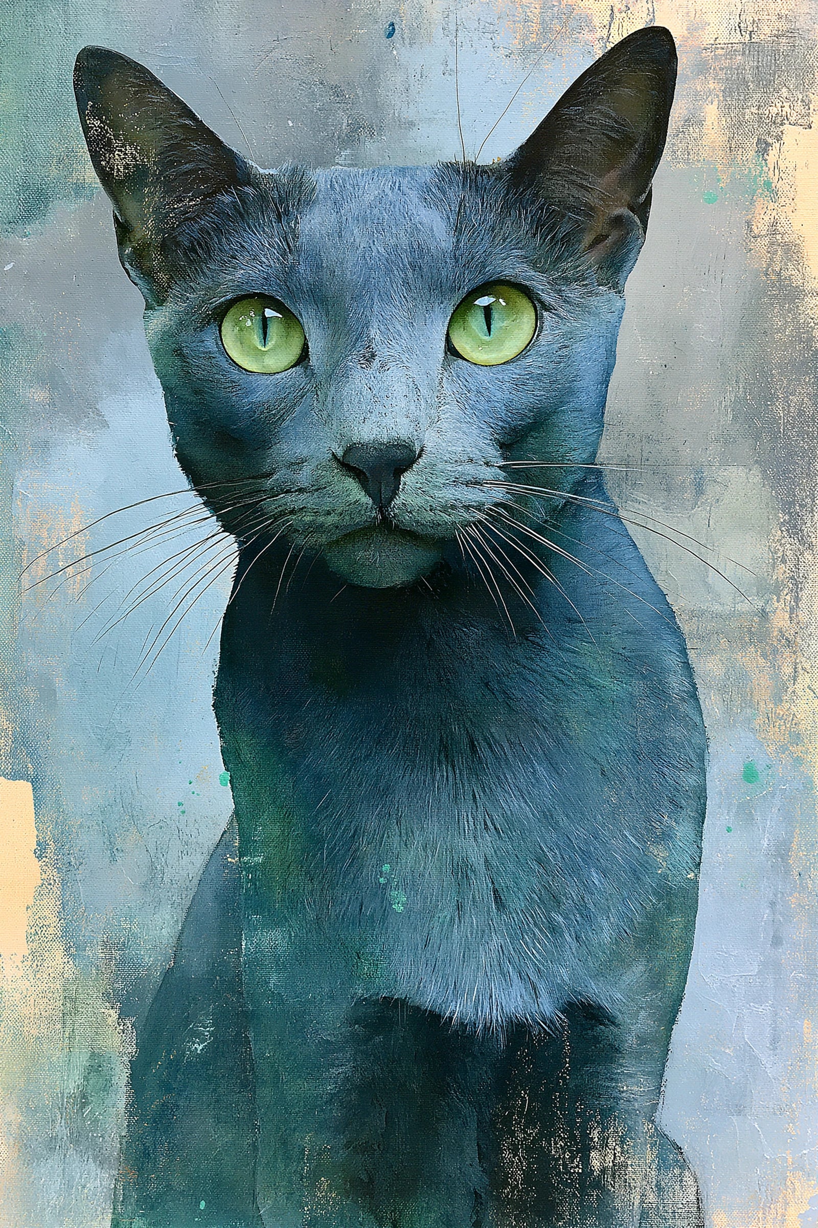 Tableau Chat Bleu Russe - Regard Émeraude - format S - Art Virtuoso