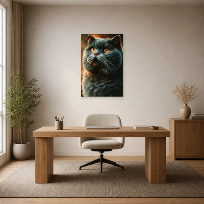 Tableau Chat British Shorthair - Velours Bleu dans un bureau - Art Virtuoso