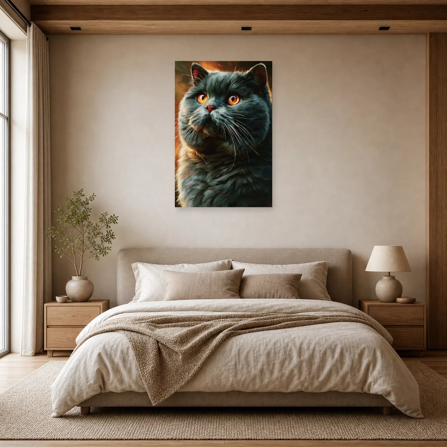 Tableau Chat British Shorthair - Velours Bleu dans une chambre - Art Virtuoso