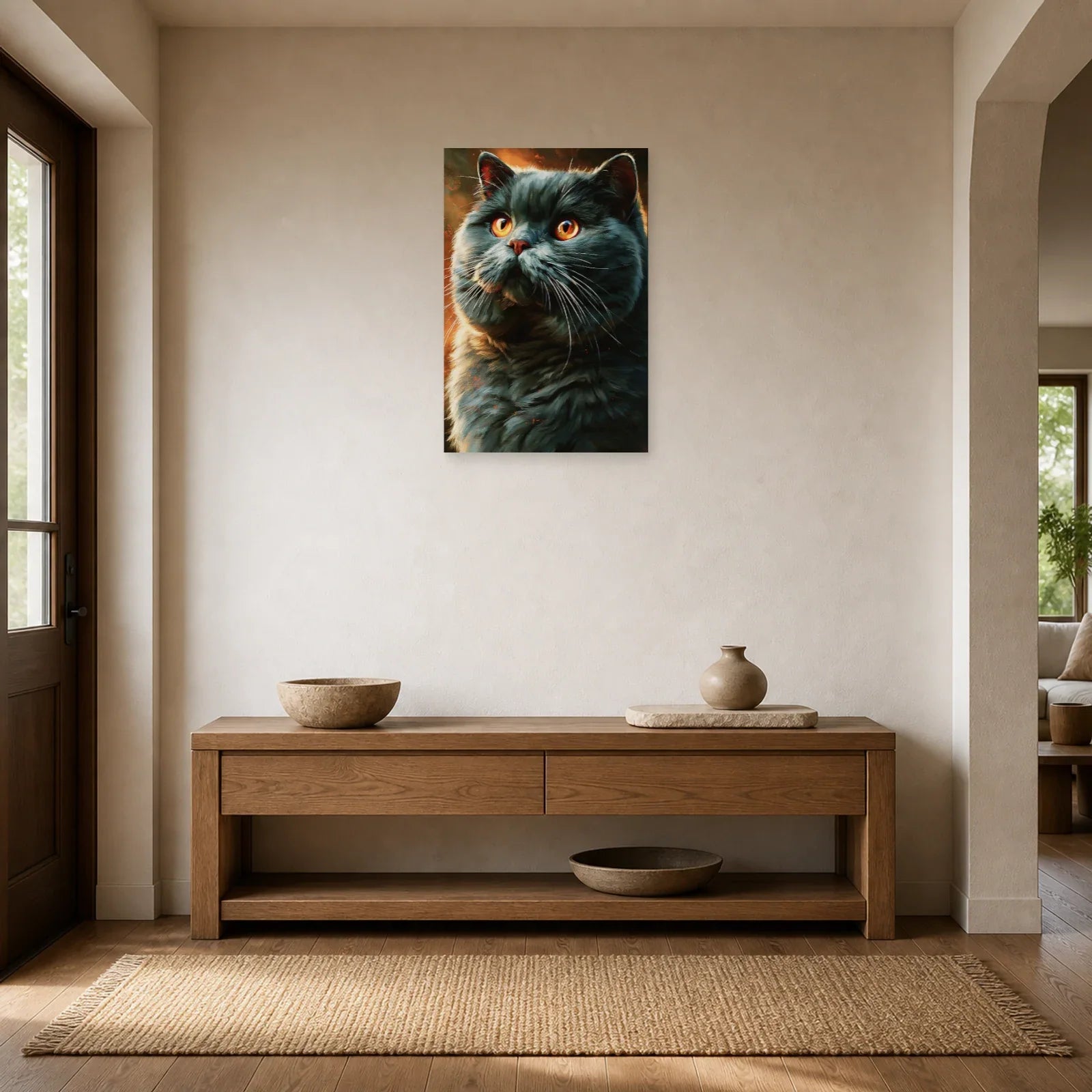 Tableau Chat British Shorthair - Velours Bleu dans une entrée ou un couloir - Art Virtuoso