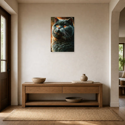 Tableau Chat British Shorthair - Velours Bleu dans une entrée ou un couloir - Art Virtuoso