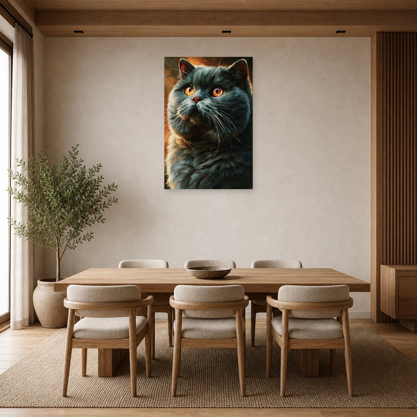 Tableau Chat British Shorthair - Velours Bleu dans une salle à manger - Art Virtuoso