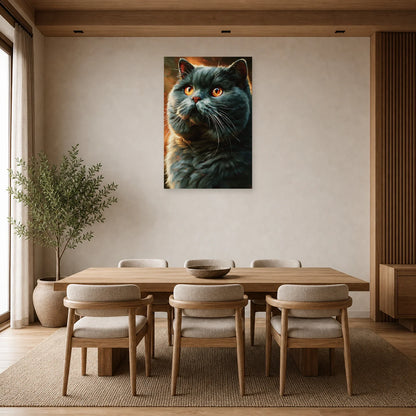 Tableau Chat British Shorthair - Velours Bleu dans une salle à manger - Art Virtuoso