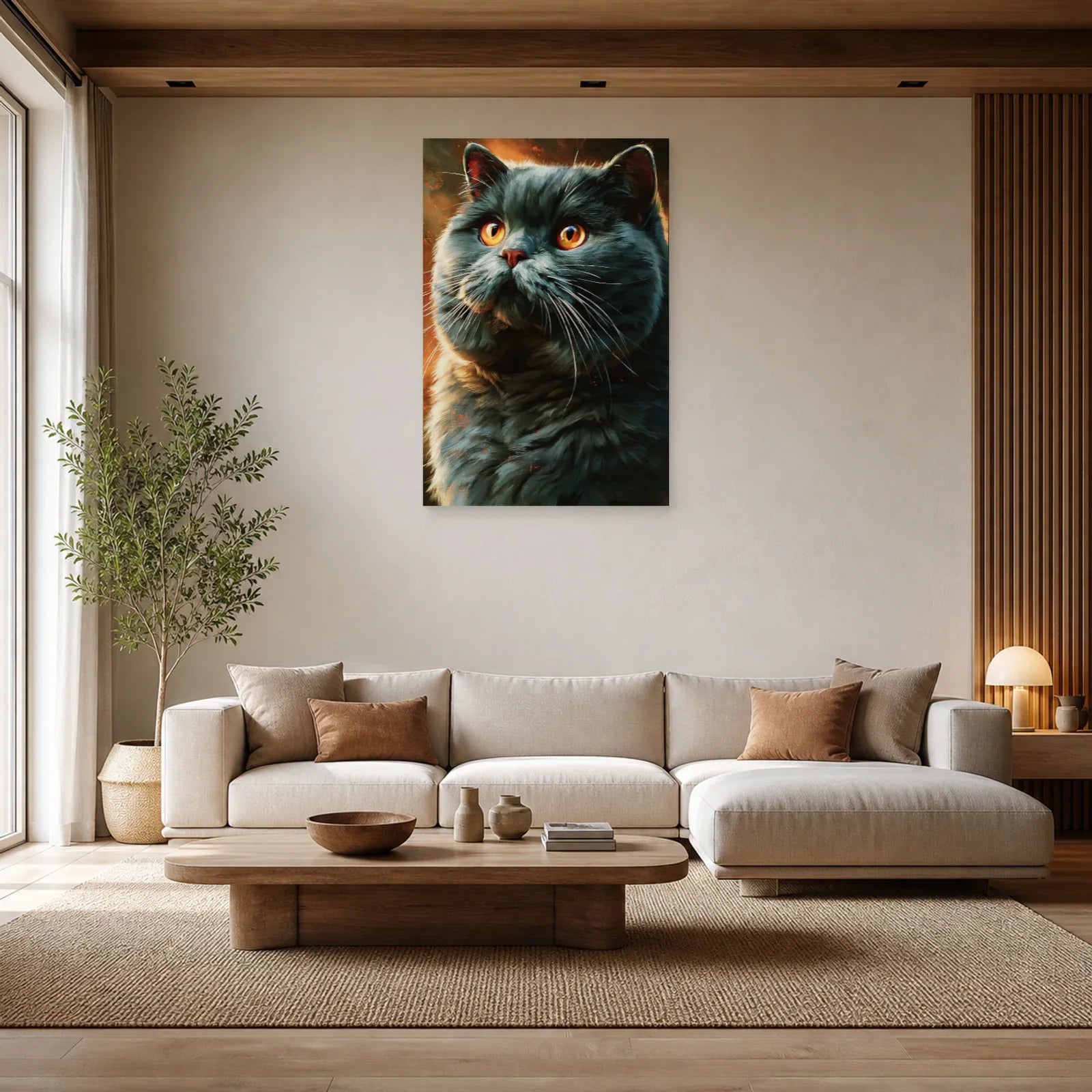 Tableau Chat British Shorthair - Velours Bleu dans un salon - Art Virtuoso